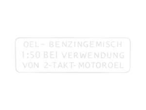 Aufkleber «OEL-BENZINGEMISCH 1:50» weiss 55 x 19 mm | Puch Aufkleber «OEL-BENZINGEMISCH 1:50» weiss 55 x 19 mm | Puch