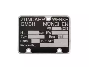 Motorenschild Zündapp Motorenschild Zündapp