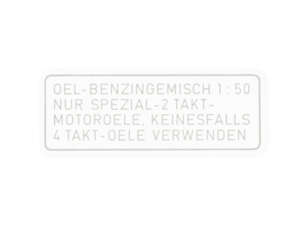 Aufkleber Benzin 1:50 weiss (Puch) 4-zeilig NOS Aufkleber Benzin 1:50 weiss (Puch) 4-zeilig NOS